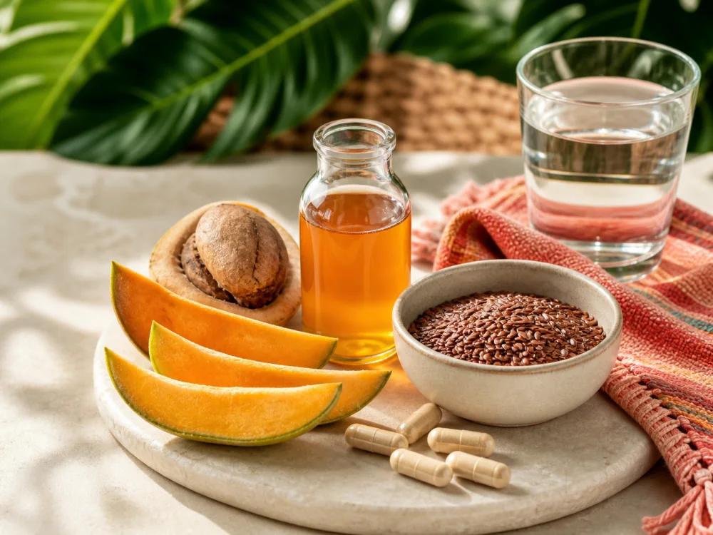 Ingredientes naturales de Esbelita con mango africano, vinagre de manzana y linaza